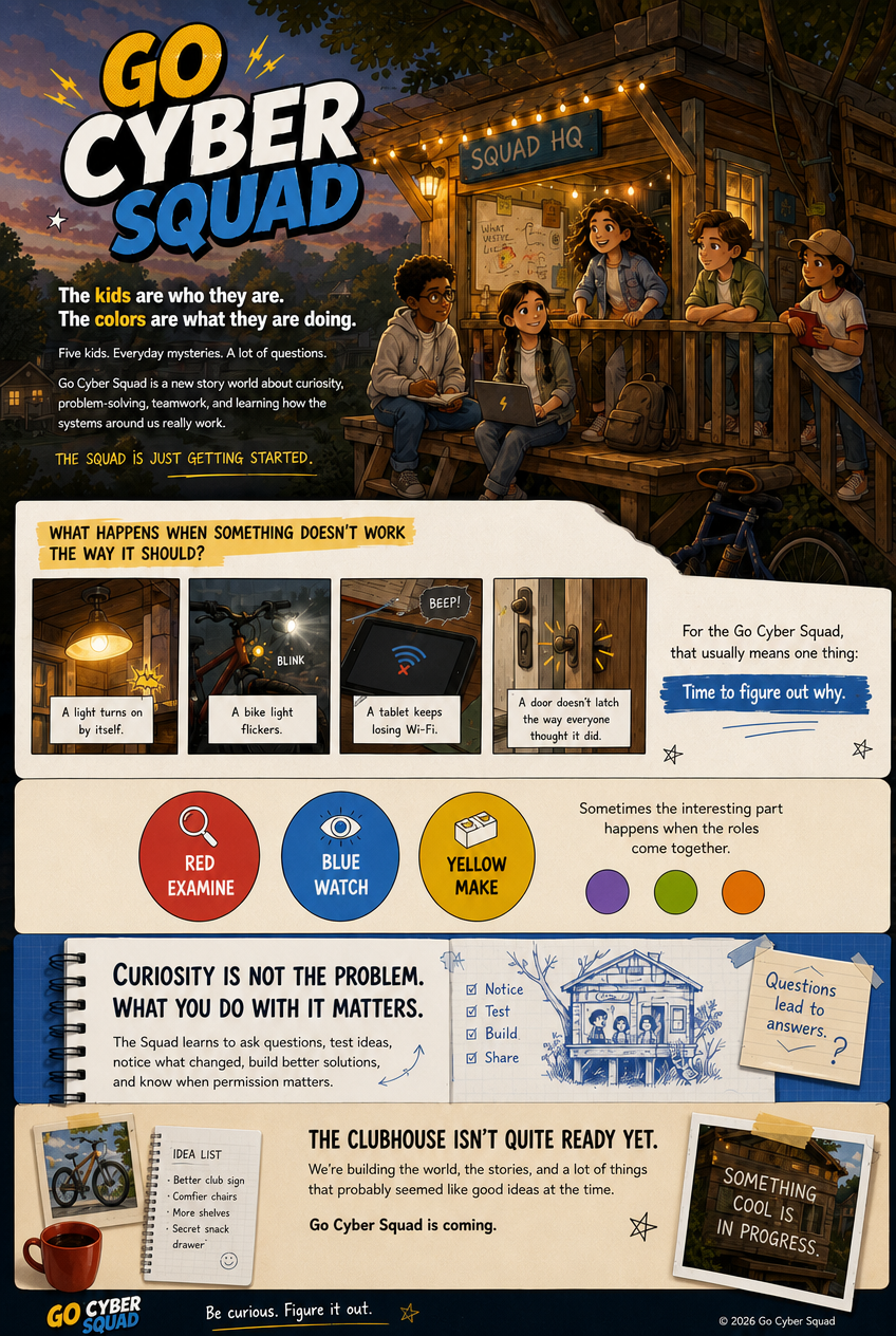 Go Cyber Squad: five kids in a treehouse clubhouse called Squad HQ. The kids are who they are; the colors are what they are doing — Red examines, Blue watches, Yellow makes. Curiosity is not the problem; what you do with it matters. Be curious, figure it out. Go Cyber Squad is coming.